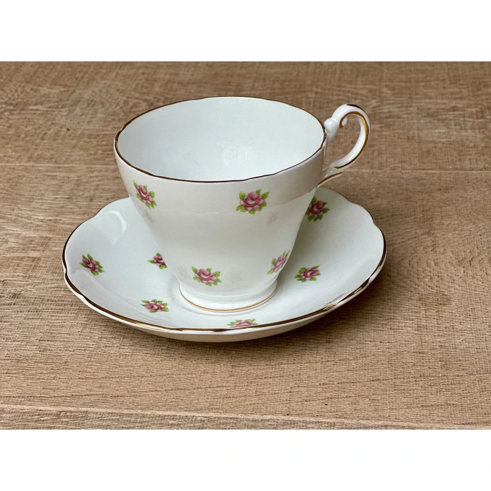 Vintage Regency English‎ Bone China Tea Cup Set Pink Rosebud Gold Trim England